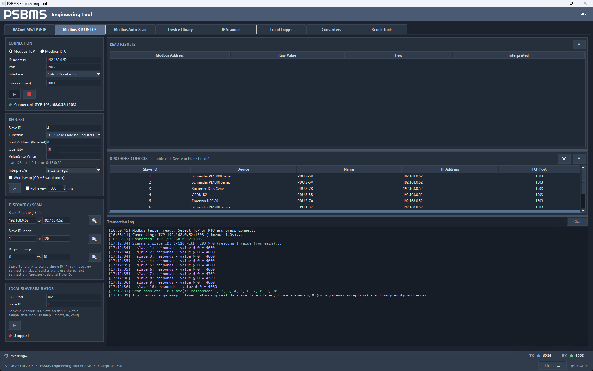 Modbus TCP discovery with the Discovered Devices table